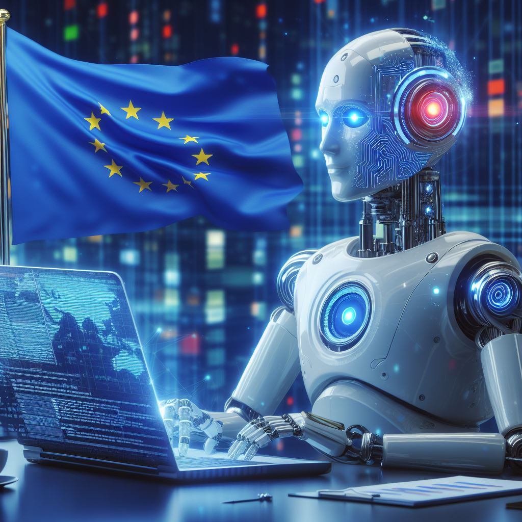 Imagem gerada por IA mostrando um robô diante de um notebook com a bandeira da União Europeia ao fundo