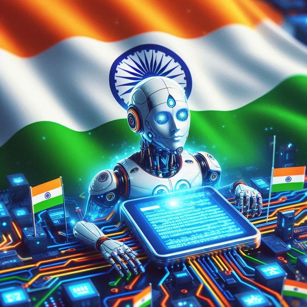 Imagem criada por inteligência artificial. Ela exibe um robô diante de um tablet com a bandeira da Índia ao fundo.