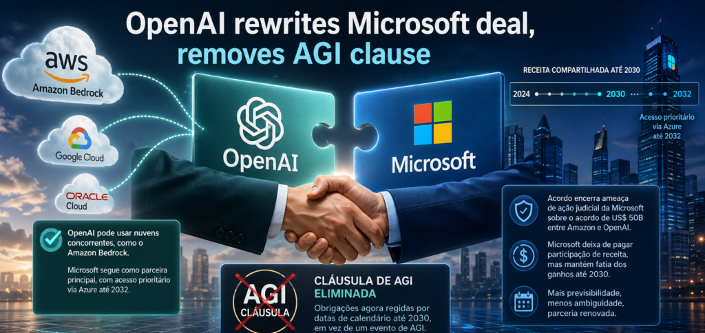 OpenAI reescreve acordo com Microsoft, elimina cláusula de AGI e amplia liberdade no mercado de nuvem